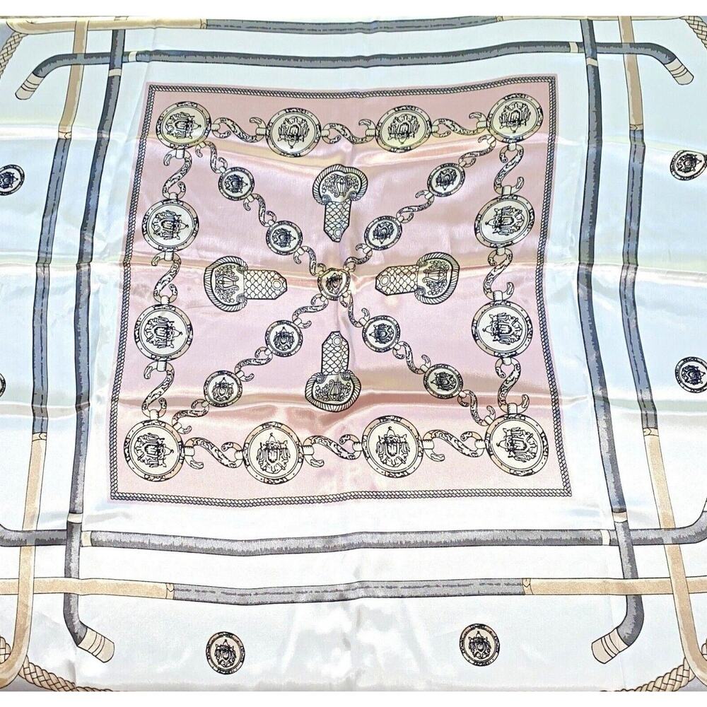 Silky feel scarf 27” square pink & gray on white designer chic motif elegant